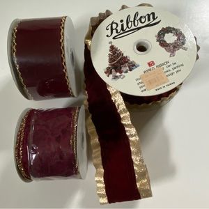 Wired Velvet Ribbon 3 Rolls Burgundy & Gold Vintage 24 Yards Total